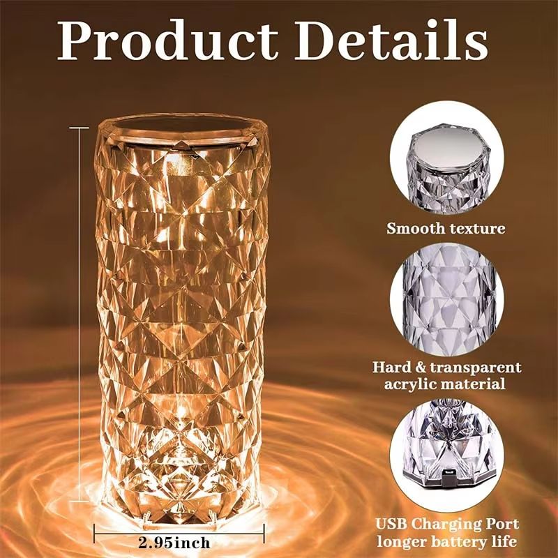 Crystal Diamond Rose Bedside Lamp With 16 Colors Touch Remote LED Night Light USB Rechargeable 1