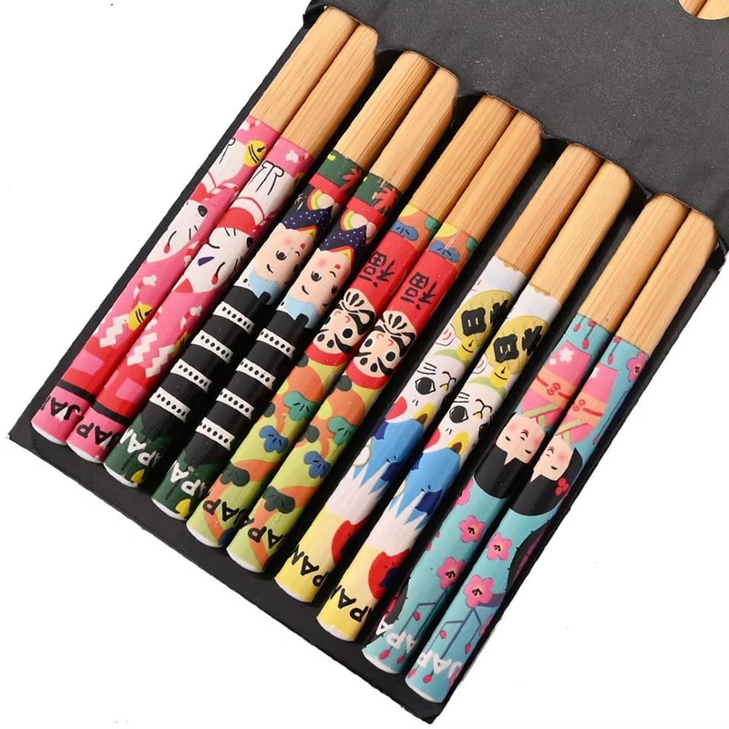 5 Pairs Reusable Bamboo Chopsticks Japanese Style Natural Wooden Sushi Chopsticks Set With Cat Flo 6