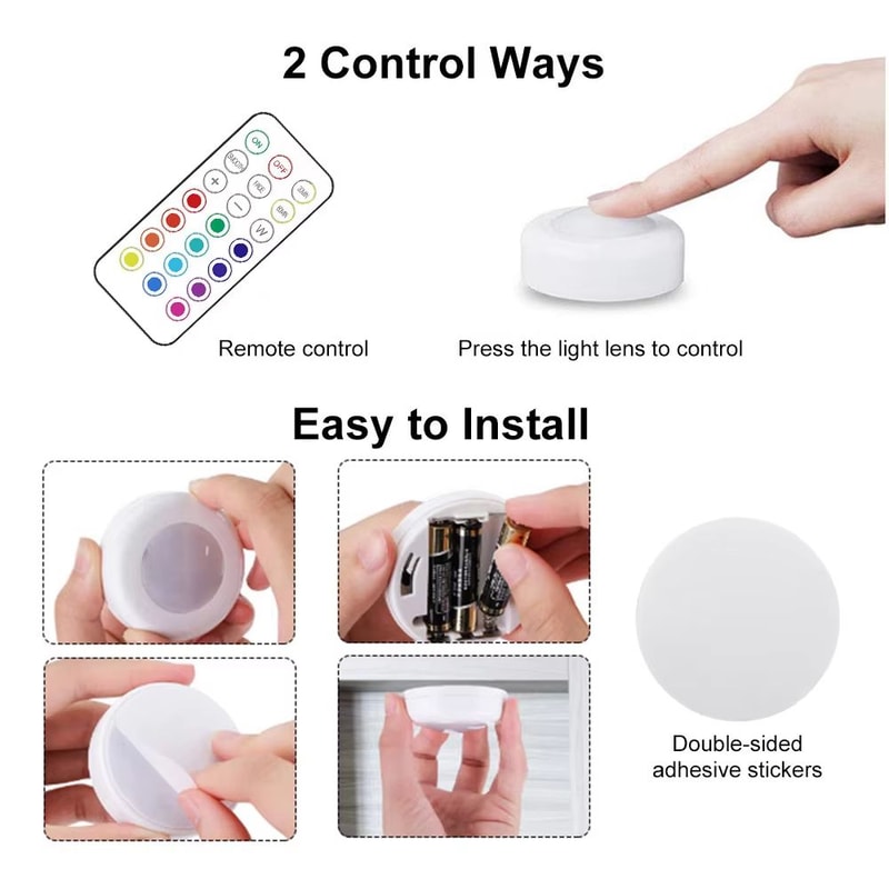 Mini LED Remote Control Night Lights 3 Pack Wireless Stick On Cabinet Lamp 4