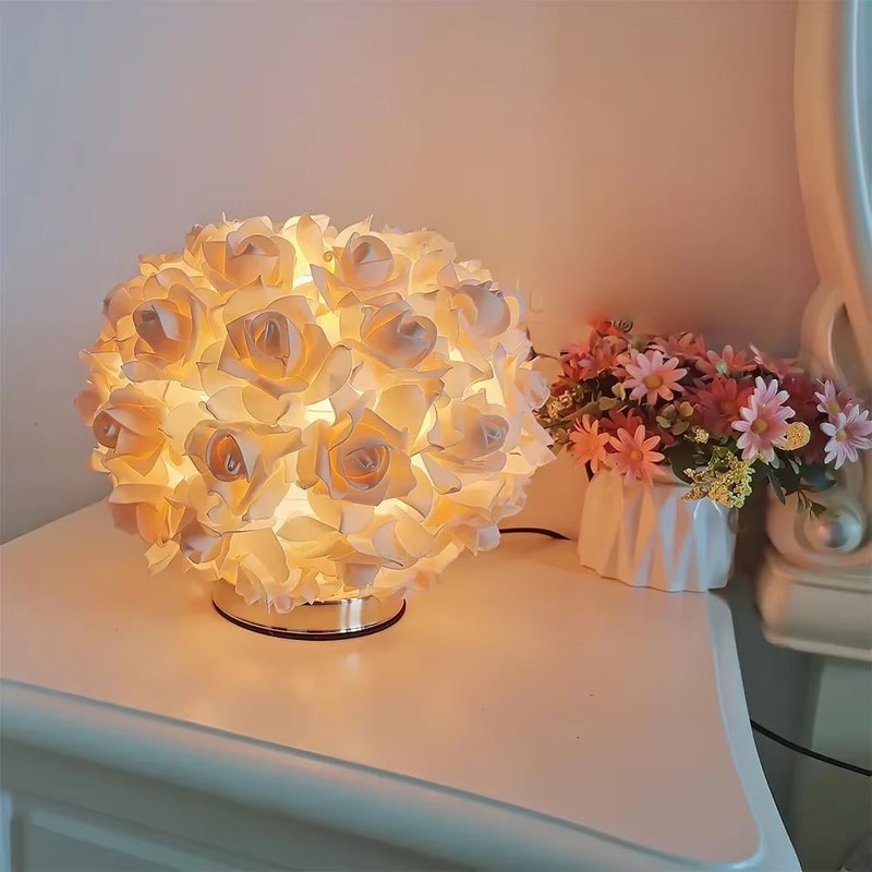 Romantic Rose Gold Princess Table Lamp Elegant Floral Bedside Light 4