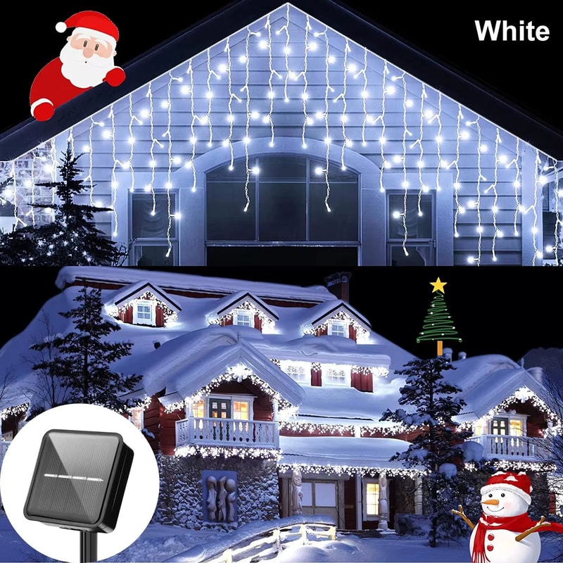 Solar Icicle Curtain Lights Waterproof LED Eaves String Decor 8
