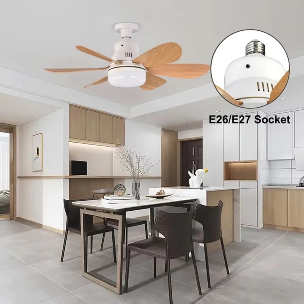 Wood Grain Socket Ceiling Fan Light With Remote 6 Blade LED Fixture 5
