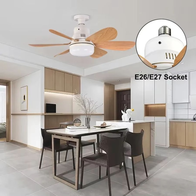 Wood Grain Socket Ceiling Fan Light With Remote 6 Blade LED Fixture 5