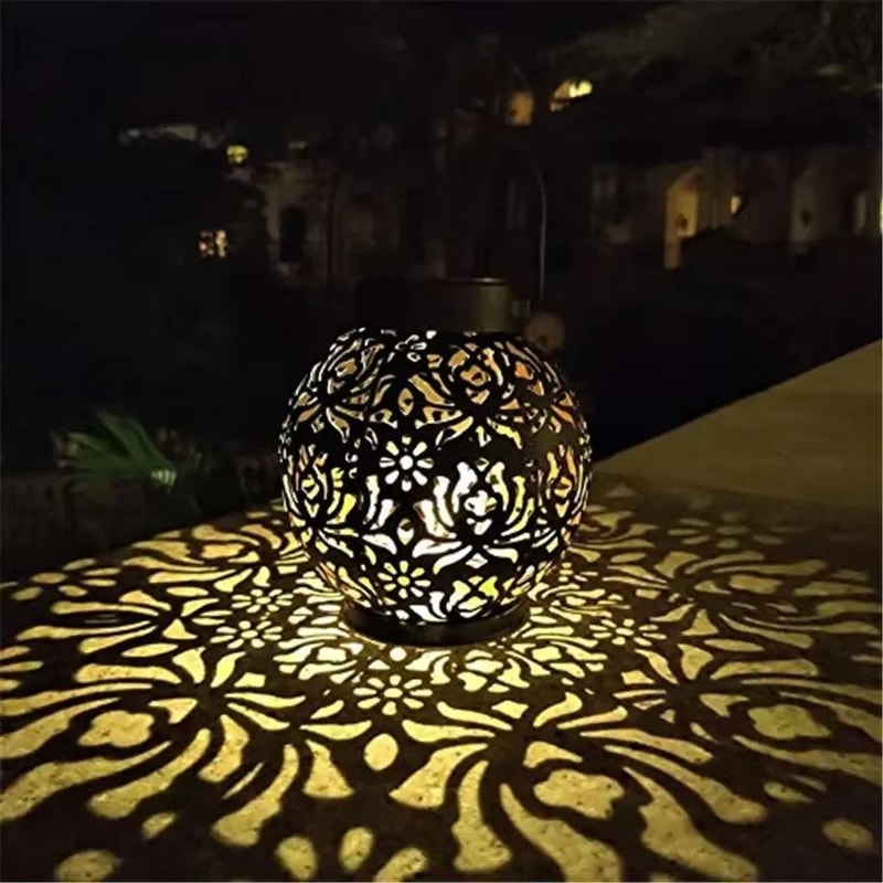 Solar Iron Hanging Lantern Hollow Projection LED Garden Light Waterproof Decor