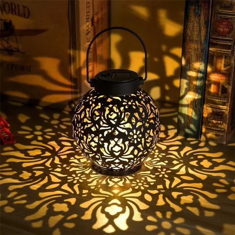 Solar Iron Hanging Lantern Hollow Projection LED Garden Light Waterproof Decor