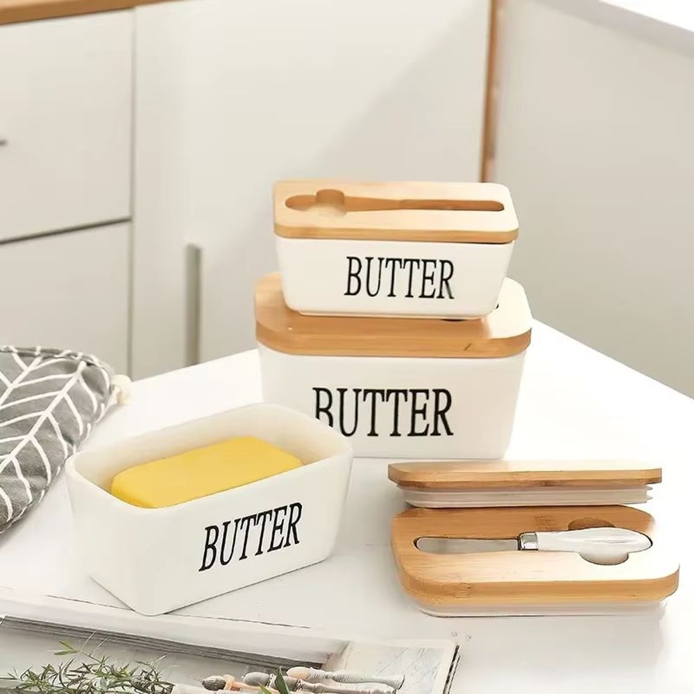 Ceramic Butter Dish With Lid And Knife Sealed Butter Keeper For Countertop 0