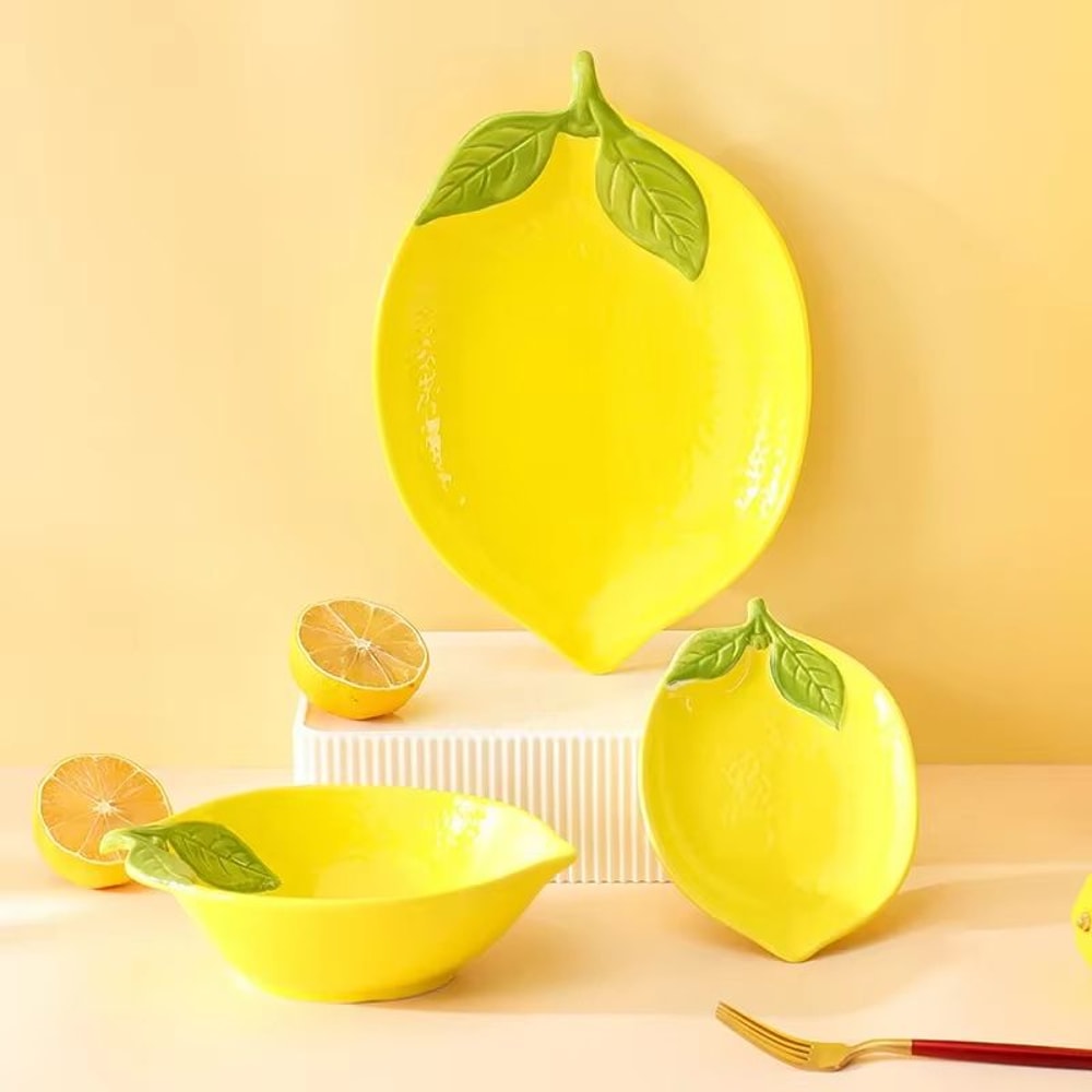 Lemon Shaped Ceramic Plate And Bowl Set Cute Fruit Snack Dessert Dish 1
