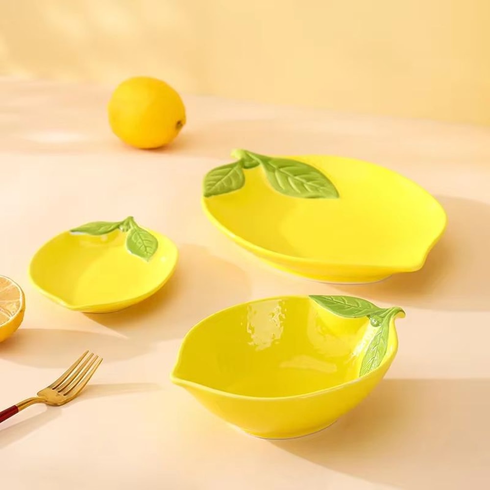 Lemon Shaped Ceramic Plate And Bowl Set Cute Fruit Snack Dessert Dish 3