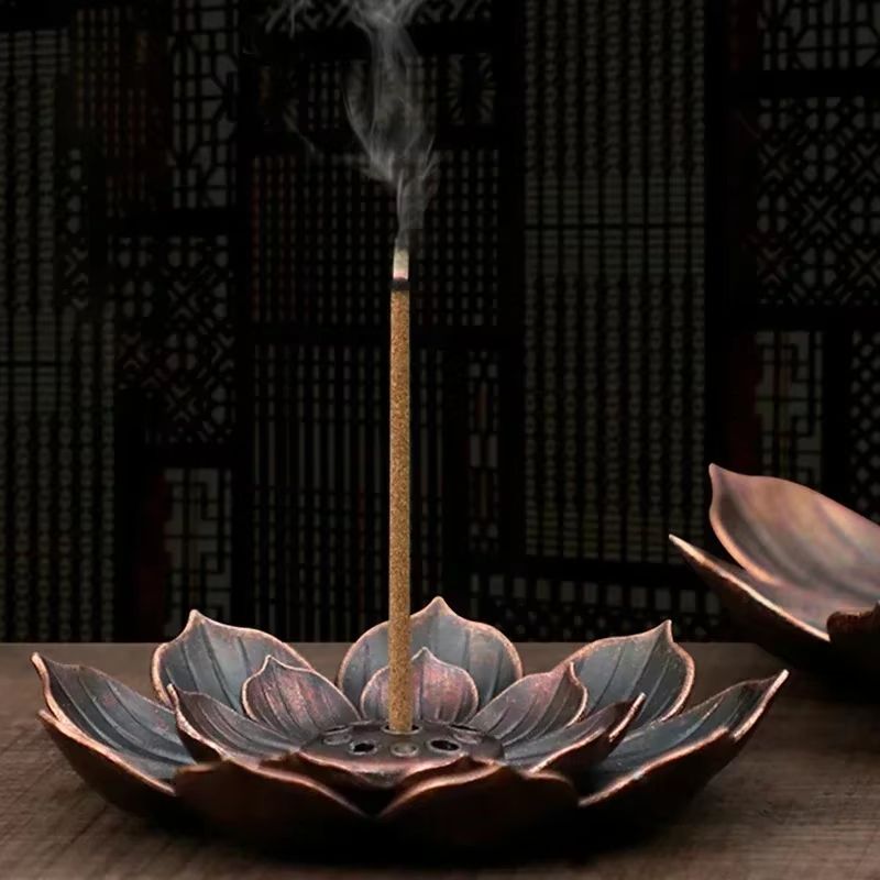 Bronze Lotus Alloy Incense Burner Plate Stick Holder Zen Meditation Decor 2