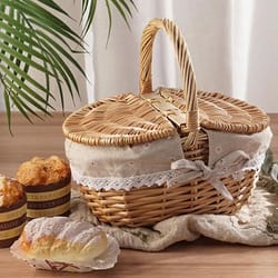 handwoven wicker picnic basket with lid portable outdoor storage hamper
