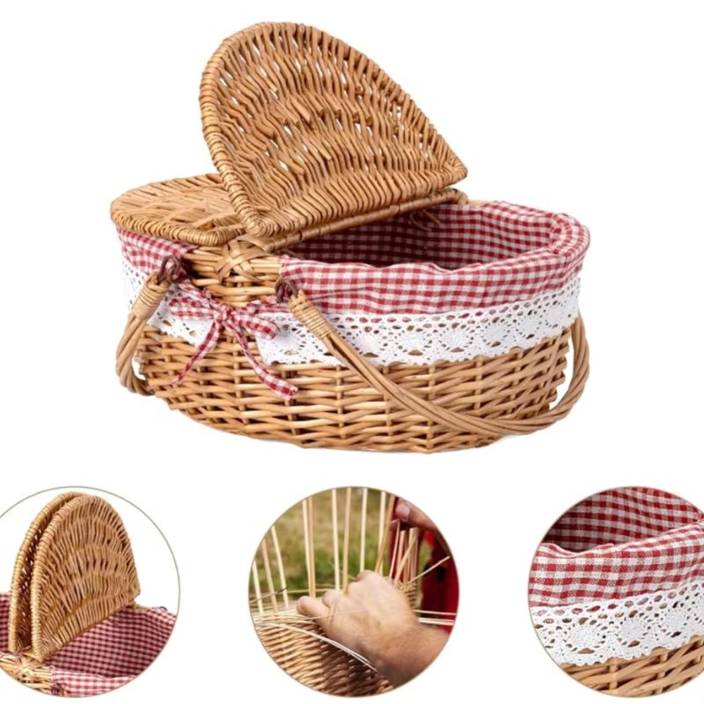 Handwoven Wicker Picnic Basket With Lid Portable Outdoor Storage Hamper 3