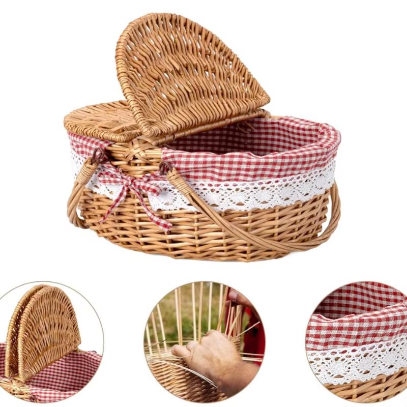 Handwoven Wicker Picnic Basket With Lid Portable Outdoor Storage Hamper 3