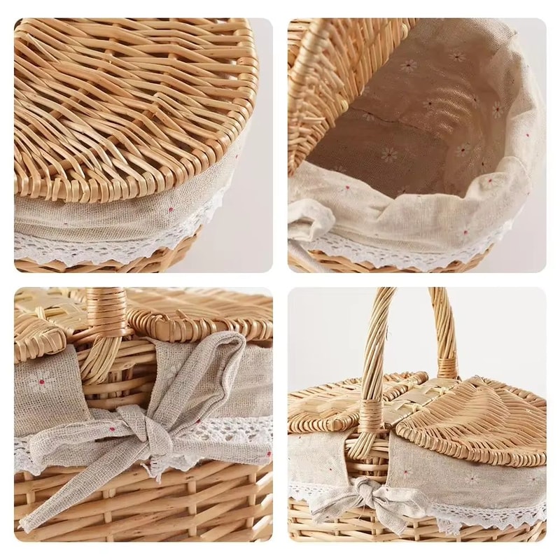 Handwoven Wicker Picnic Basket With Lid Portable Outdoor Storage Hamper 4