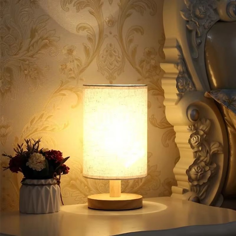 LED Hessian Wood Bedside Lamp USB Table Reading Light 1