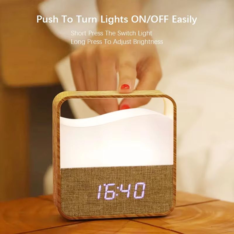 Rechargeable Wood Grain Alarm Clock Night Light Portable Bedside Lamp For Sleep And Travel 0