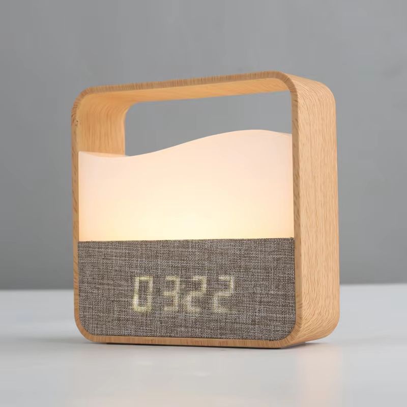 Rechargeable Wood Grain Alarm Clock Night Light Portable Bedside Lamp For Sleep And Travel 1