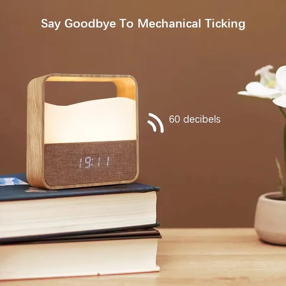 Rechargeable Wood Grain Alarm Clock Night Light Portable Bedside Lamp For Sleep And Travel 2