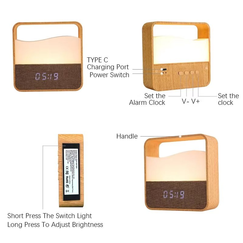Rechargeable Wood Grain Alarm Clock Night Light Portable Bedside Lamp For Sleep And Travel 4