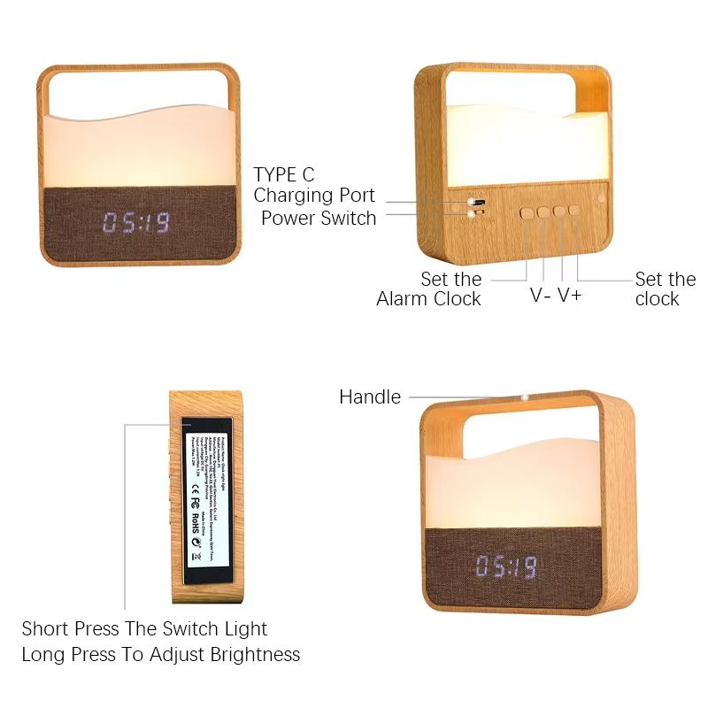 Rechargeable Wood Grain Alarm Clock Night Light Portable Bedside Lamp For Sleep And Travel 4