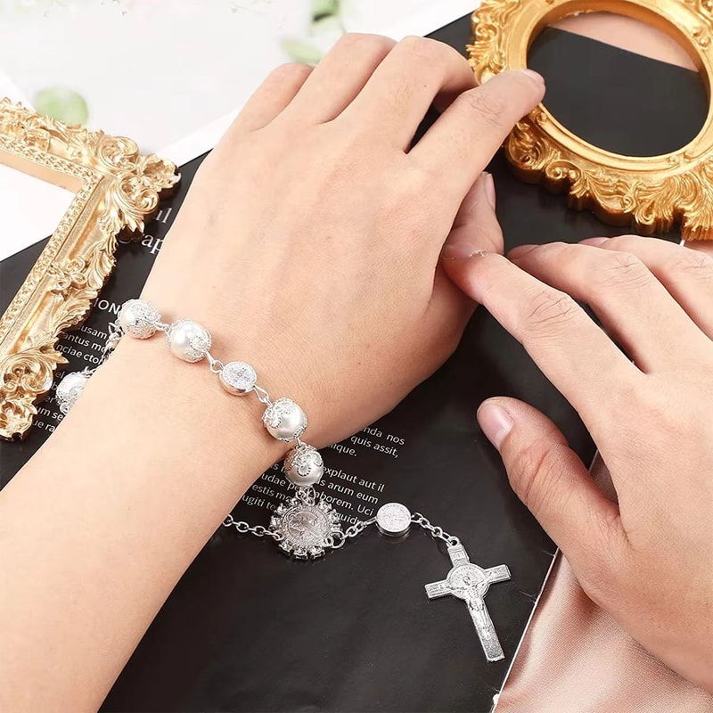 Retro Pearl Cross Car Hanging Ornament Elegant Rearview Mirror Car Charm 1