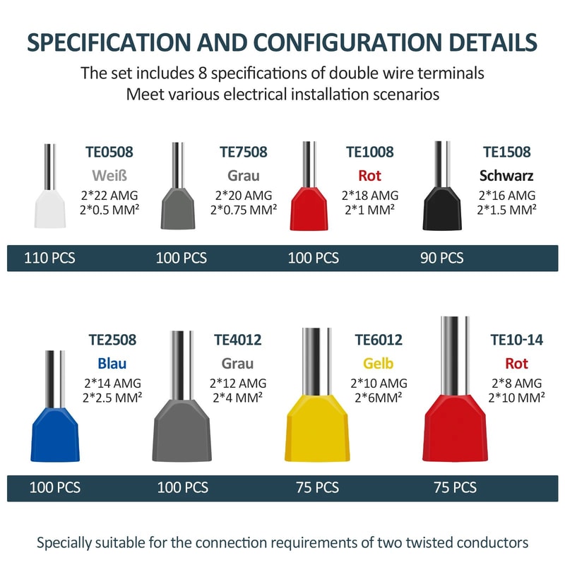 750PCS Twin Wire End Ferrules Kit Stainless Copper Crimp Connectors Set With Storage Box 1