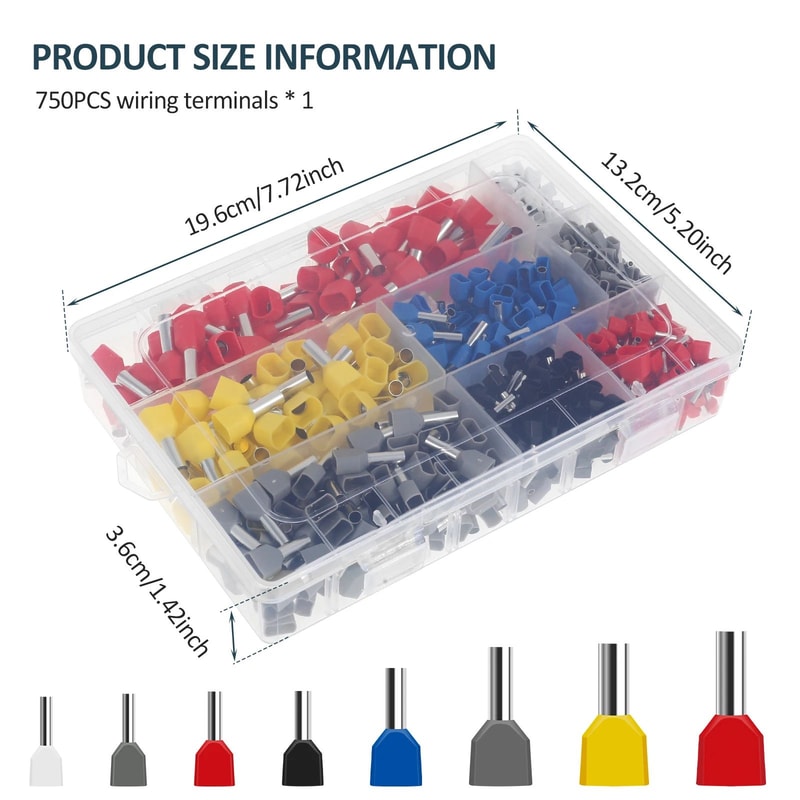 750PCS Twin Wire End Ferrules Kit Stainless Copper Crimp Connectors Set With Storage Box 5