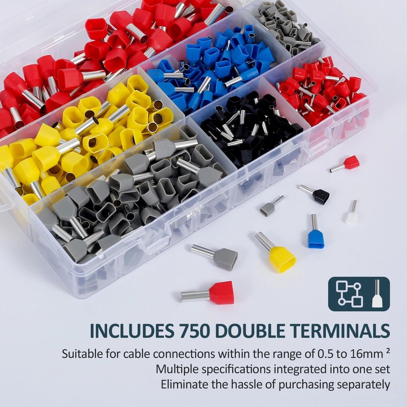 750PCS Twin Wire End Ferrules Kit Stainless Copper Crimp Connectors Set With Storage Box 6