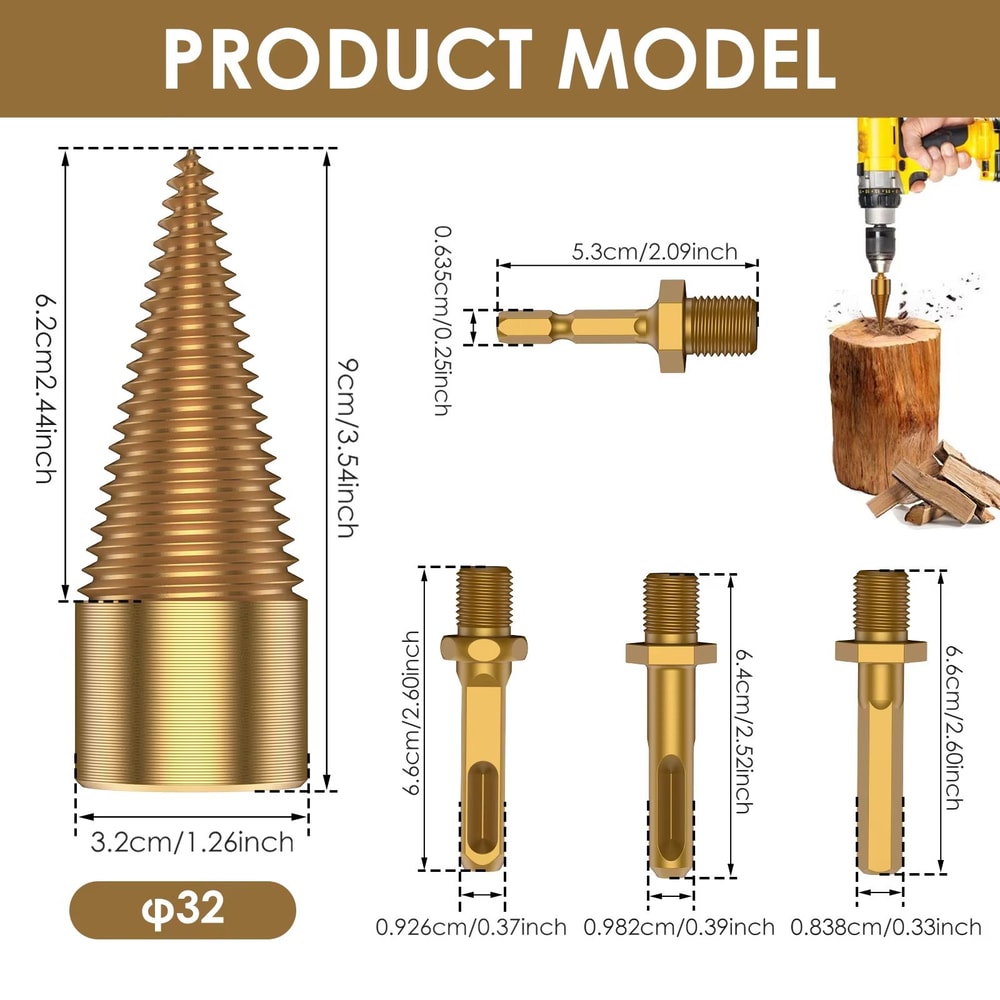 Heavy Duty Firewood Log Splitter Drill Bit High Carbon Steel Wood Splitting Cone 124PCS 6