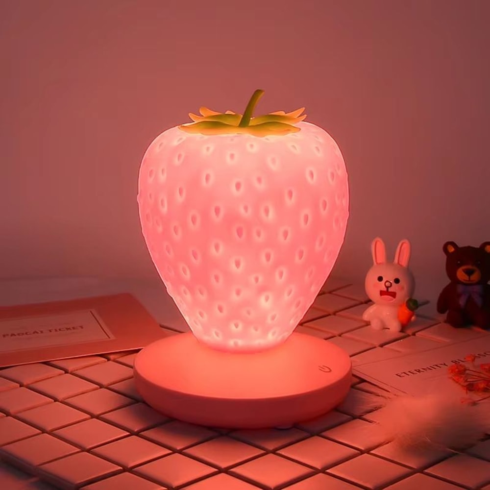 USB Rechargeable Strawberry Night Light Soft Silicone Touch Lamp For Kids Bedroom Decor 8