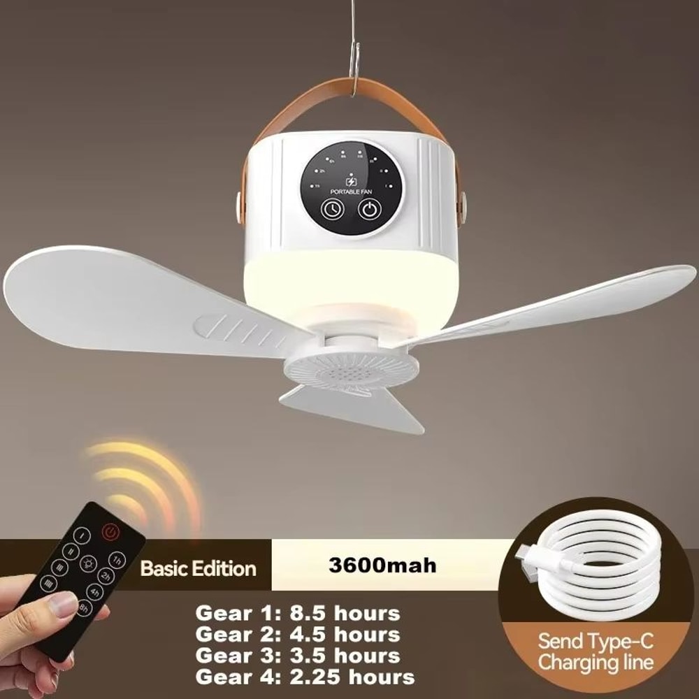Portable Silent Ceiling Fan With LED Light USB Rechargeable Remote Control Lamp 7