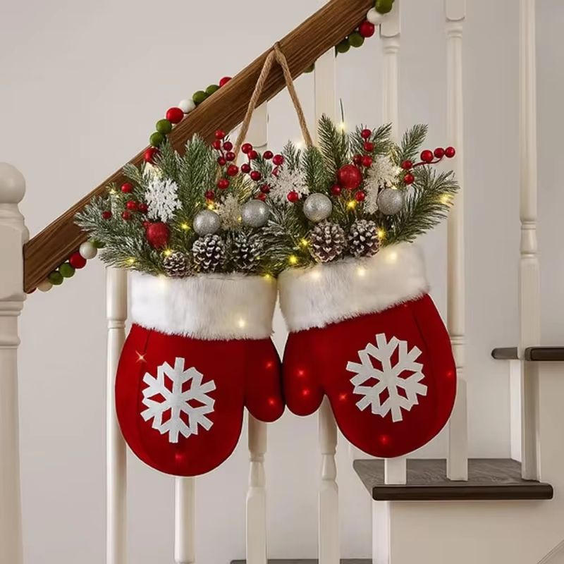 Creative Christmas Glove Wreath Garland Festive Door Hanging Decoration With Simulated Flowers 1