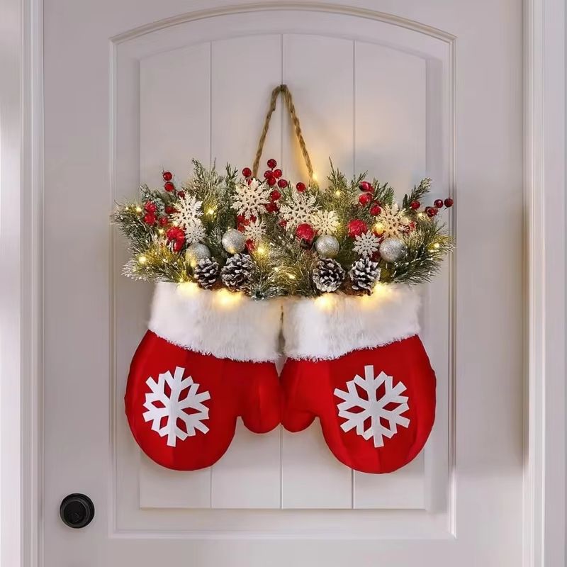 Creative Christmas Glove Wreath Garland Festive Door Hanging Decoration With Simulated Flowers 2