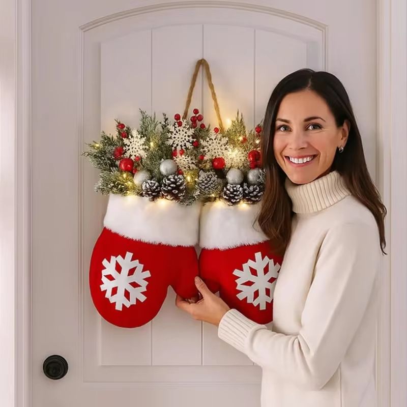 Creative Christmas Glove Wreath Garland Festive Door Hanging Decoration With Simulated Flowers 3
