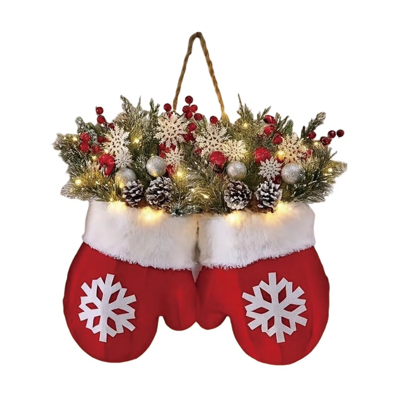 Creative Christmas Glove Wreath Garland Festive Door Hanging Decoration With Simulated Flowers 7
