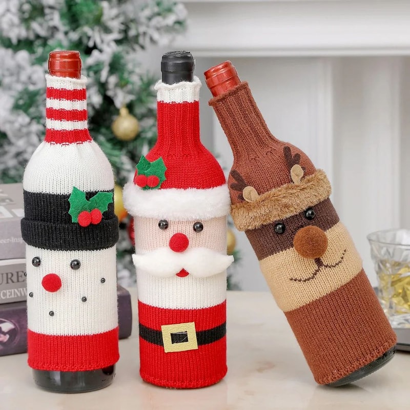 Christmas Wine Bottle Cover Set Santa And Snowman Woven Holiday Bottle Bags For Party Table Decor 0