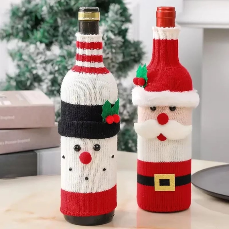 Christmas Wine Bottle Cover Set Santa And Snowman Woven Holiday Bottle Bags For Party Table Decor 3
