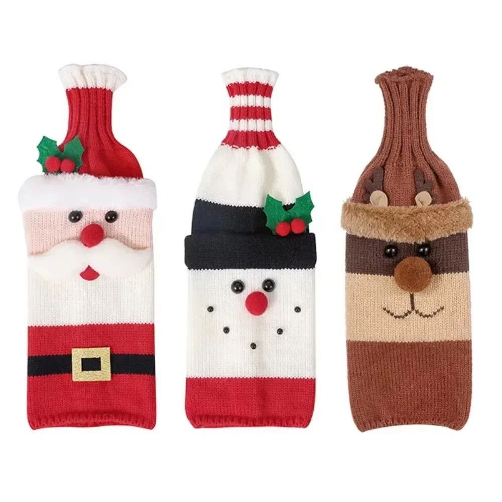 Christmas Wine Bottle Cover Set Santa And Snowman Woven Holiday Bottle Bags For Party Table Decor 5