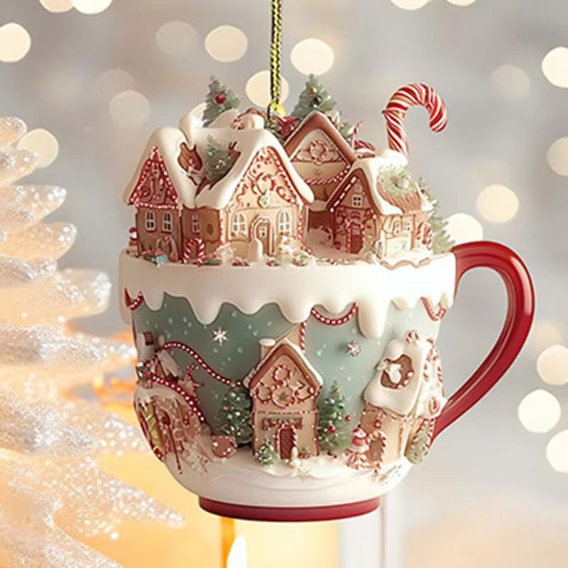 Acrylic Coffee Cup Christmas Ornament 2D Snow House Keychain Pendant Tree Decoration 0
