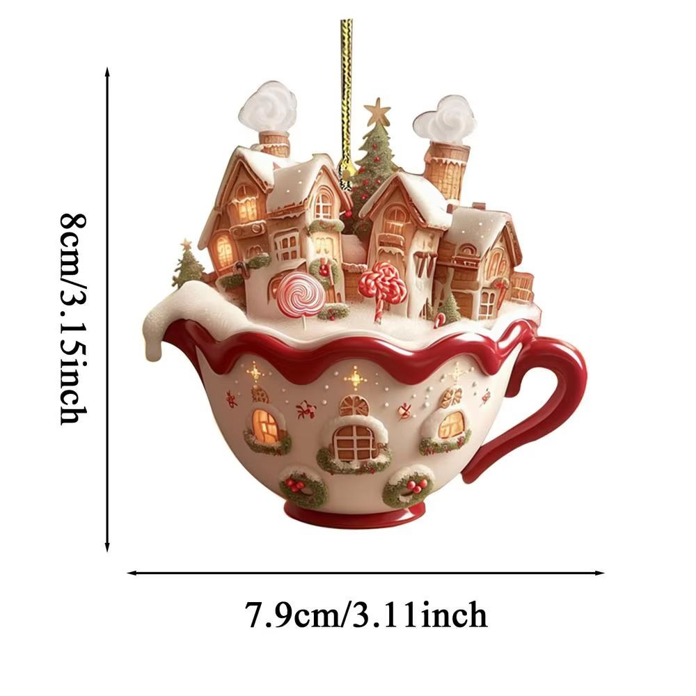 Acrylic Coffee Cup Christmas Ornament 2D Snow House Keychain Pendant Tree Decoration 9