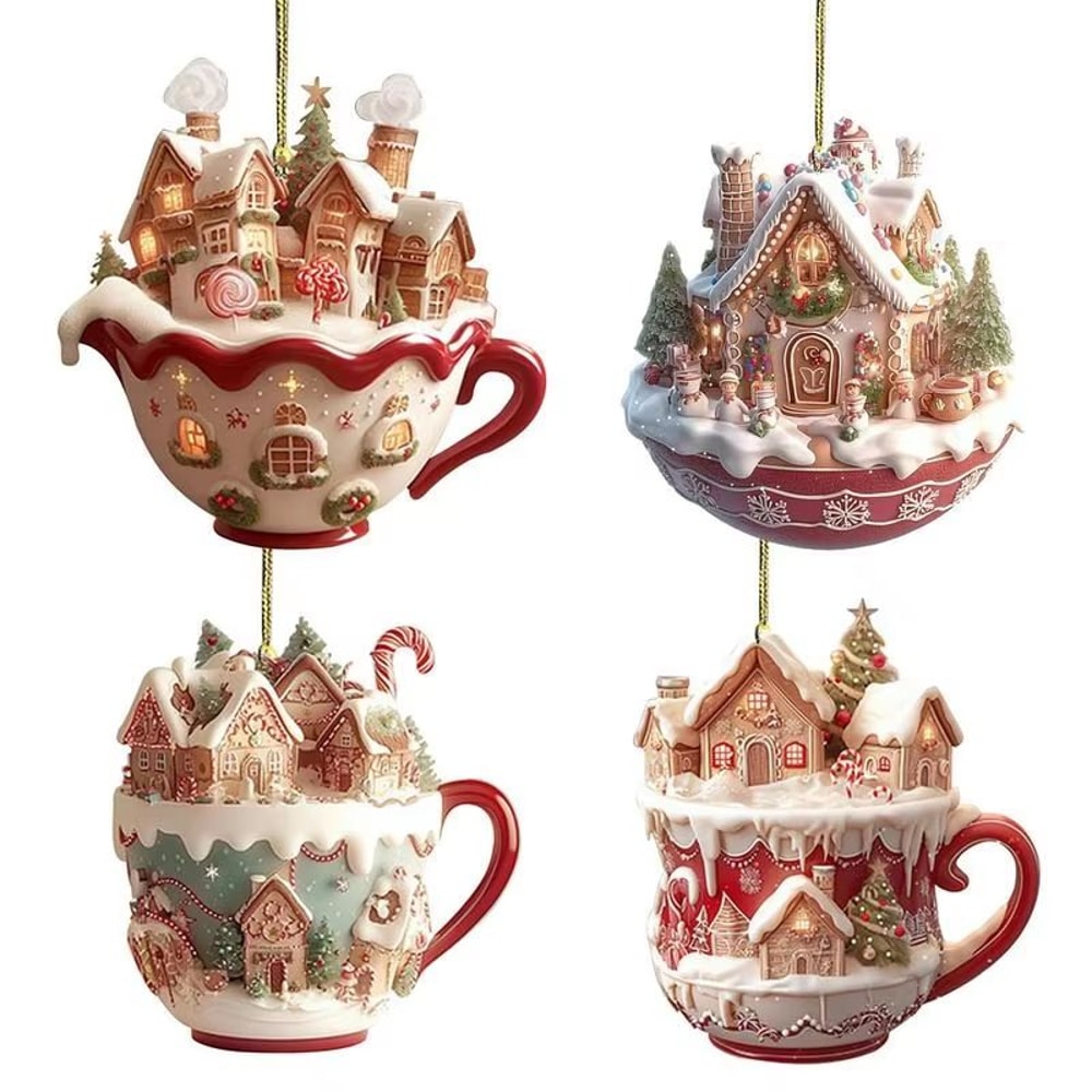 Acrylic Coffee Cup Christmas Ornament 2D Snow House Keychain Pendant Tree Decoration 4