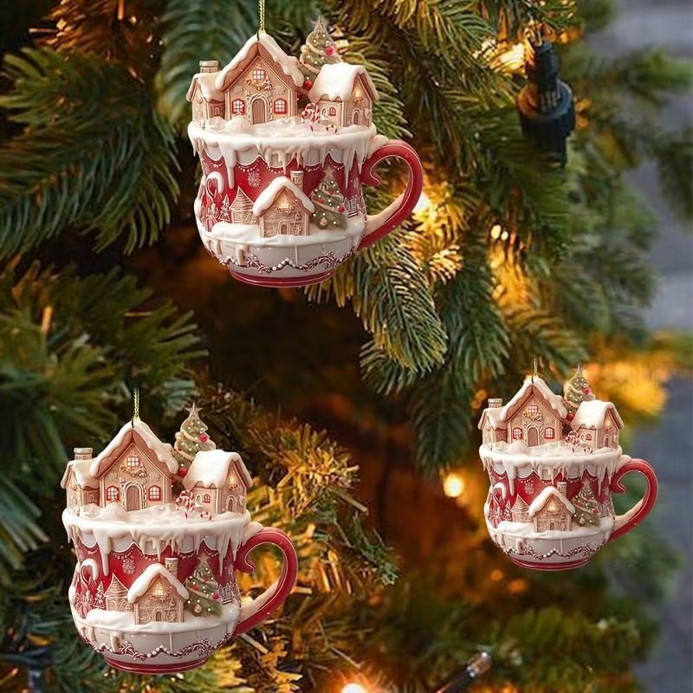 Acrylic Coffee Cup Christmas Ornament 2D Snow House Keychain Pendant Tree Decoration 5