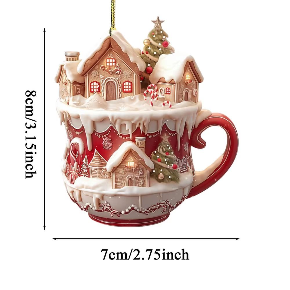 Acrylic Coffee Cup Christmas Ornament 2D Snow House Keychain Pendant Tree Decoration 8