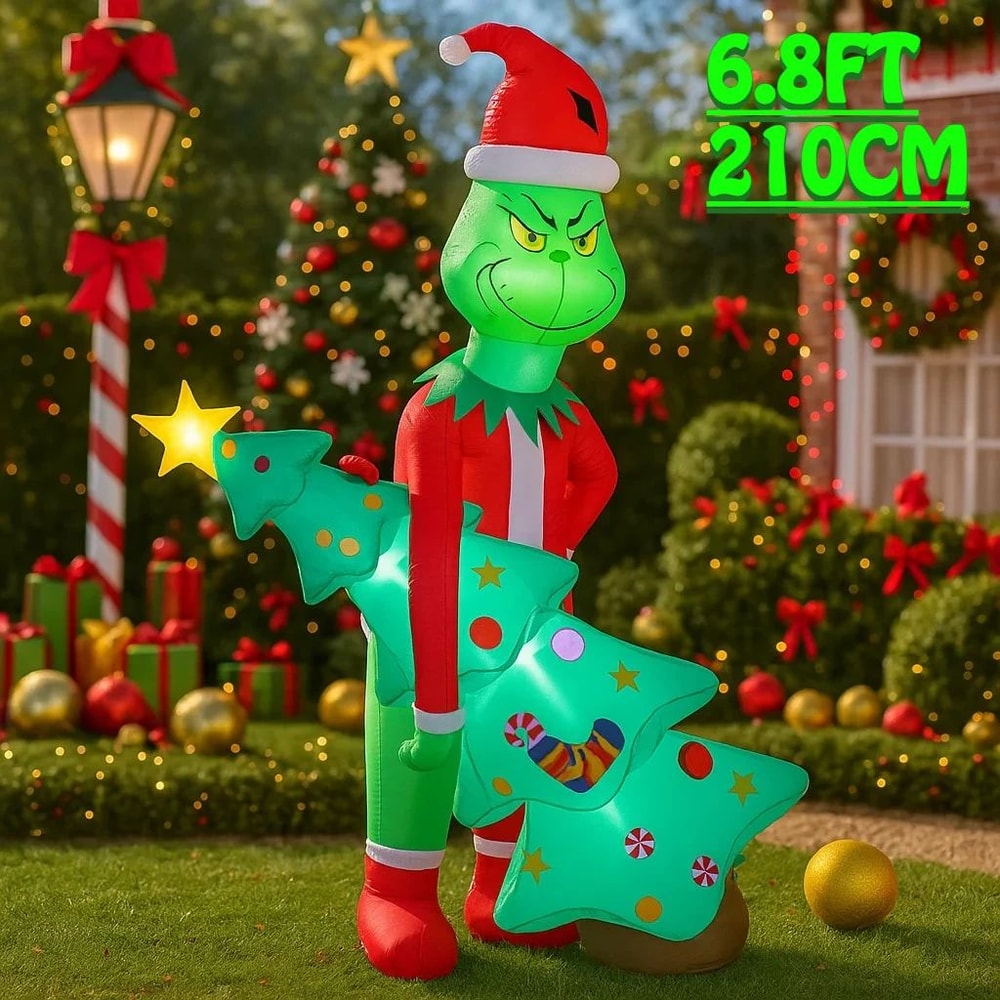 68FT Grinch Holding Tree Inflatable With LED Lights For Outdoor Christmas Decor 0