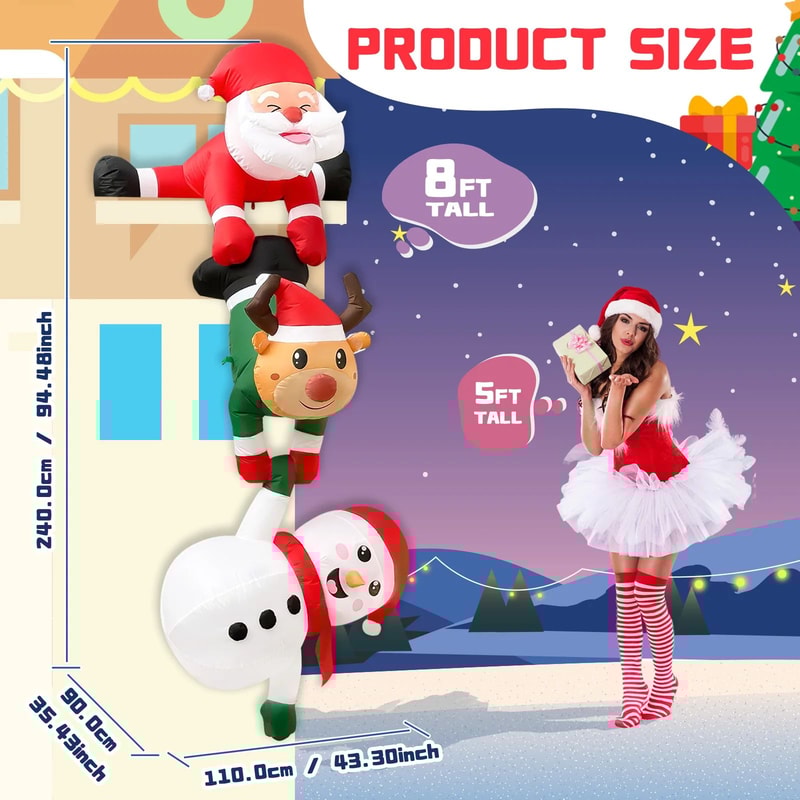 96in Climbing Santa Christmas Inflatable With Reindeer Snowman LED Outdoor Holiday Decoration 2