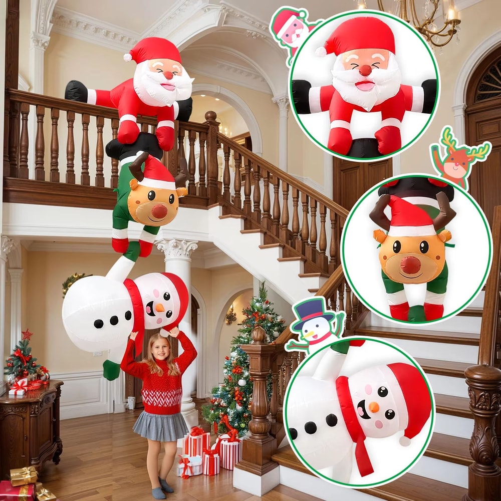 96in Climbing Santa Christmas Inflatable With Reindeer Snowman LED Outdoor Holiday Decoration 3