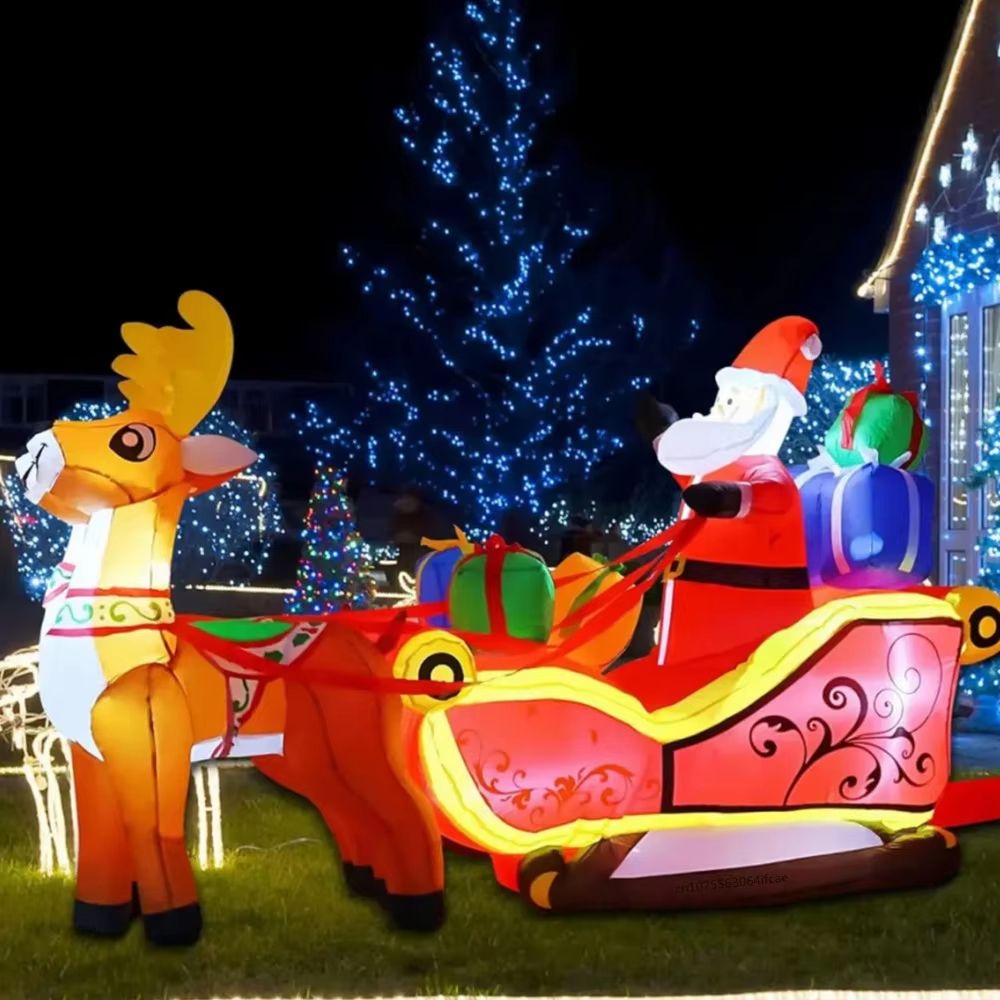 8268in Christmas Inflatable Santa Sleigh With Reindeer LED Outdoor Holiday Decoration 1