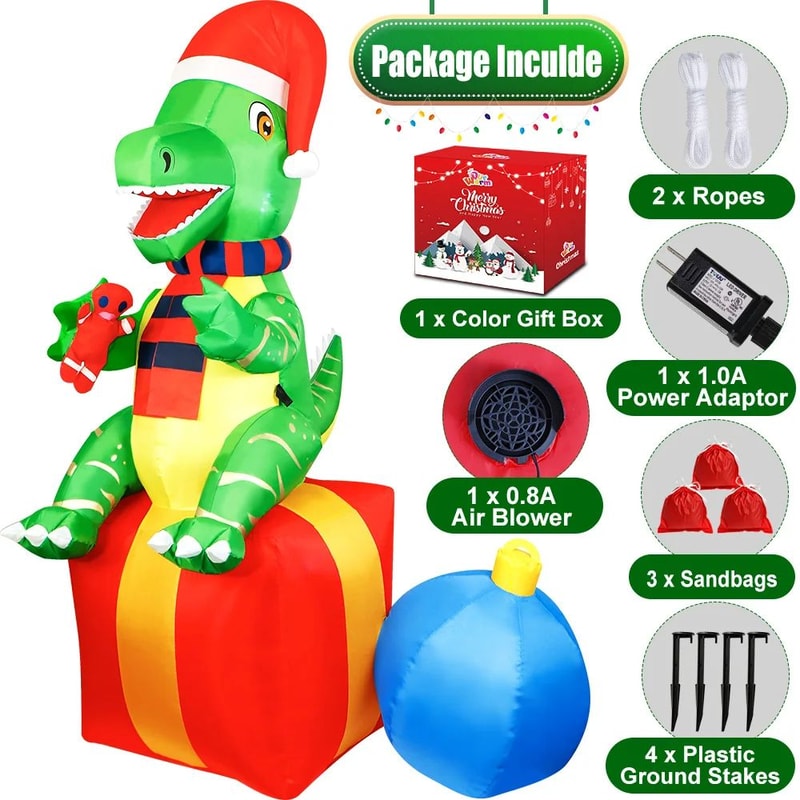72in Christmas Inflatable Dinosaur With LED Lights Outdoor Holiday Yard Decoration 4