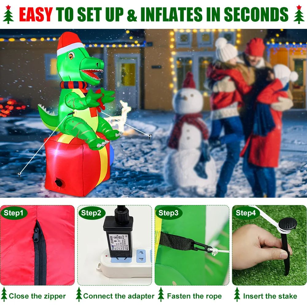 72in Christmas Inflatable Dinosaur With LED Lights Outdoor Holiday Yard Decoration 5