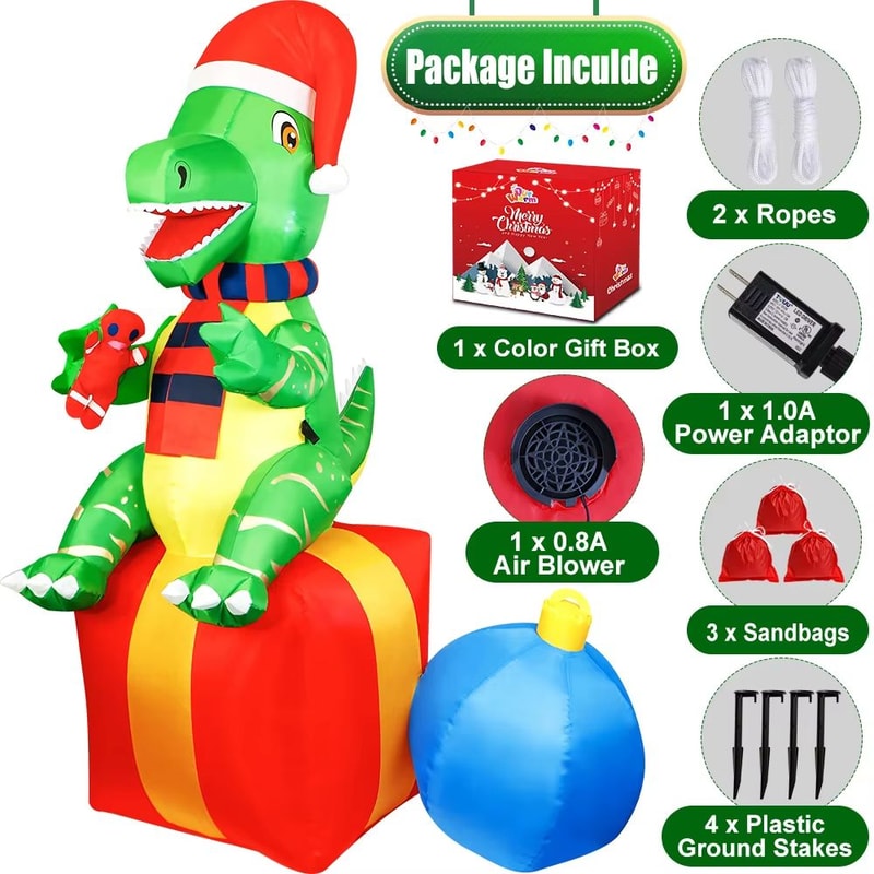 72in Christmas Inflatable Dinosaur With LED Lights Outdoor Holiday Yard Decoration 6