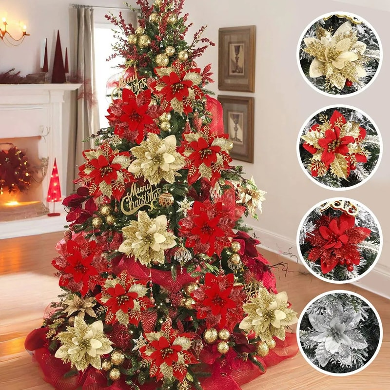Glitter Artificial Christmas Flowers Tree Ornaments For Festive Holiday Decor 0